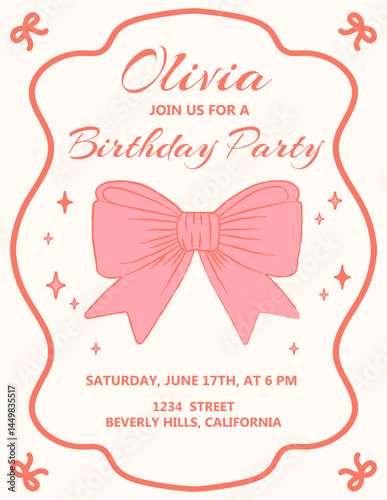Birthday invitation card. Girls party invitation template with pink yoke bow and frame. Happy birthday greeting posters. Vector illustration. Perfect for wedding, hen parties, bachelorette party