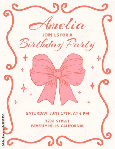 Birthday invitation card. Girls party invitation template with pink yoke bow and frame. Happy birthday greeting posters. Vector illustration. Perfect for wedding, hen parties, bachelorette party