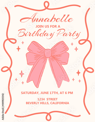 Birthday invitation card. Girls party invitation template with pink yoke bow and frame. Happy birthday greeting posters. Vector illustration. Perfect for wedding, hen parties, bachelorette party