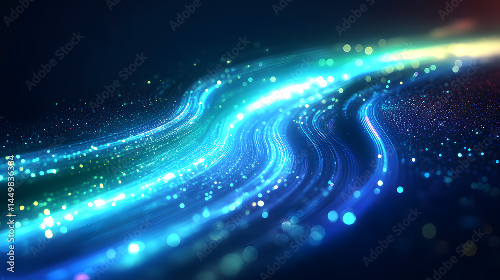 Fototapeta premium Abstract vector wave lines flowing dynamic in blue green colors isolated on black background, futuristic light trails motion digital swirl energy pattern glowing curve neon flow stream