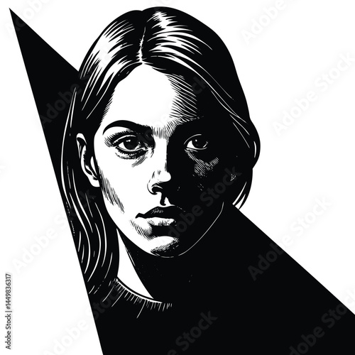 Portrait of a young woman, shot in shadows, with a vertical beam of light projected onto her eye