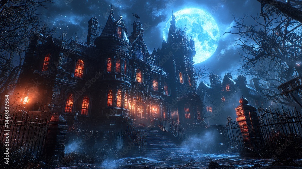 Fototapeta premium Spooky mansion, moonlight, misty night