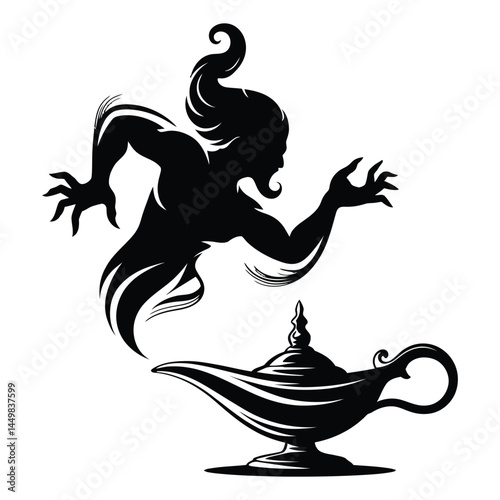 Djinn emerging from lamp Silhouette, Vector, Icon, Logo, White Background.