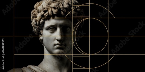 Classical sculpture photo overlayed with golden ratio grid, Stock Photography 