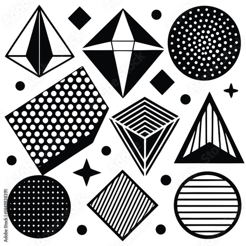 Set of 100 geometric shapes. Memphis design, retro elements for web, vintage, advertisement, commercial banner, poster, leaflet, billboard, sale. Collection trendy halftone vector geometric shapes.
