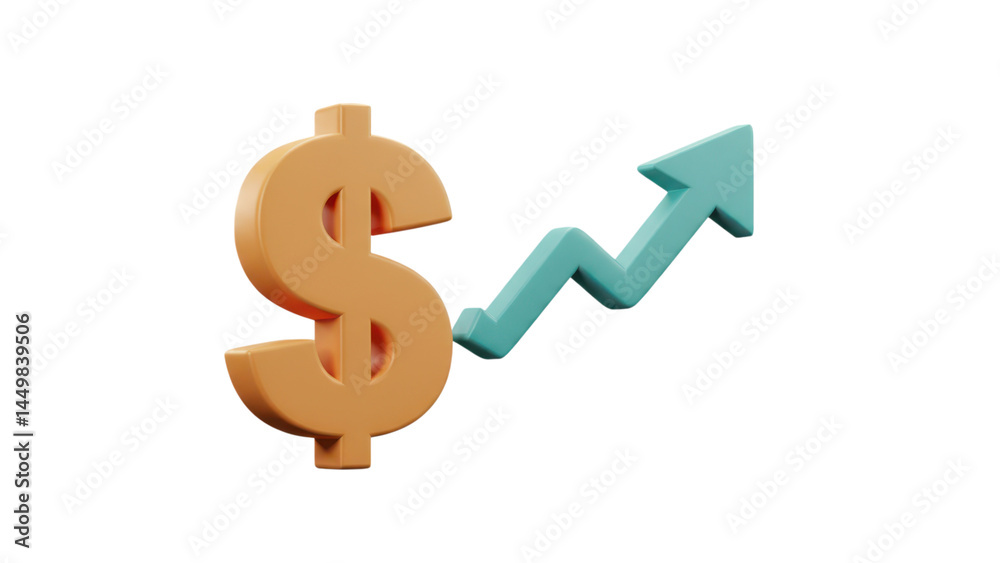 Obraz premium 3D illustration of a dollar sign and an upward trend graph, representing financial growth and progress. isolated on transparent png