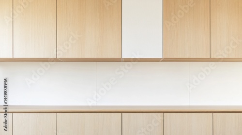 Contemporary light-toned wooden cabinetry with a white accent.