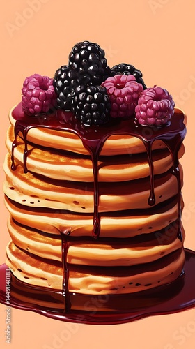Stacked Pancakes with Syrup Drizzle and Fresh Berries on Top over Light Orange