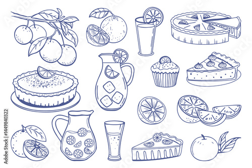 Set of hand drawn illustrations of oranges and orange desserts. Oranges, juice, orange  pie, cake, cupcake. Hand drawn sketch illustration.