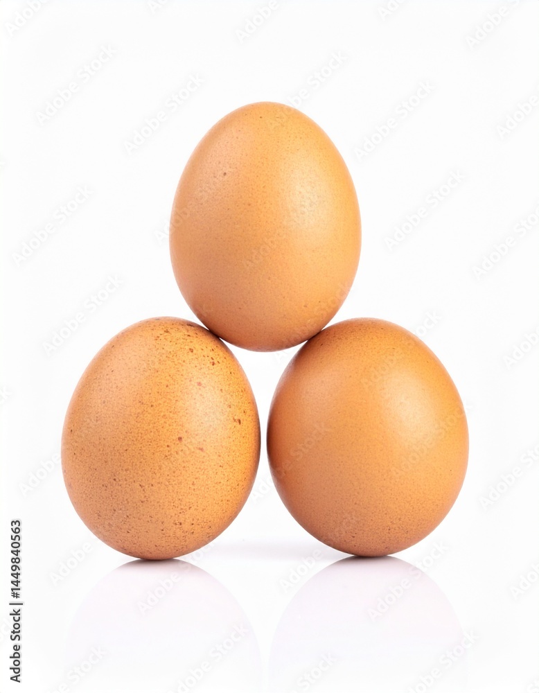 Three Brown Chicken Eggs Arranged in Triangle Formation on Isolated White Background Three Brown Chicken Eggs Arranged in Triangle Formation on Isolated White Background