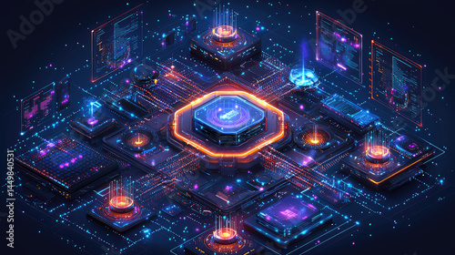 Complex network of interconnected digital components.  Sophisticated  system architecture with glowing, futuristic elements.  High-tech  circuitry  and displays