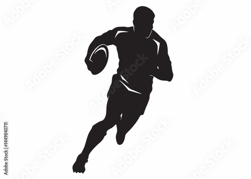 Powerful rugby player silhouette running with ball dynamic action shot in black and white vector art style