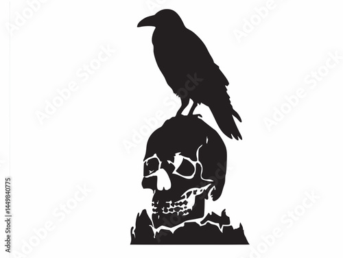 A raven perched atop a skull a stark black silhouette against a white background gothic art dark aesthetic mysterious
