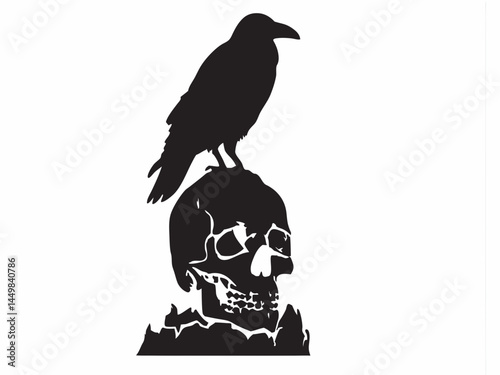 Mysterious crow perched atop a skull silhouette bold black and white graphic design stark contrast simple background