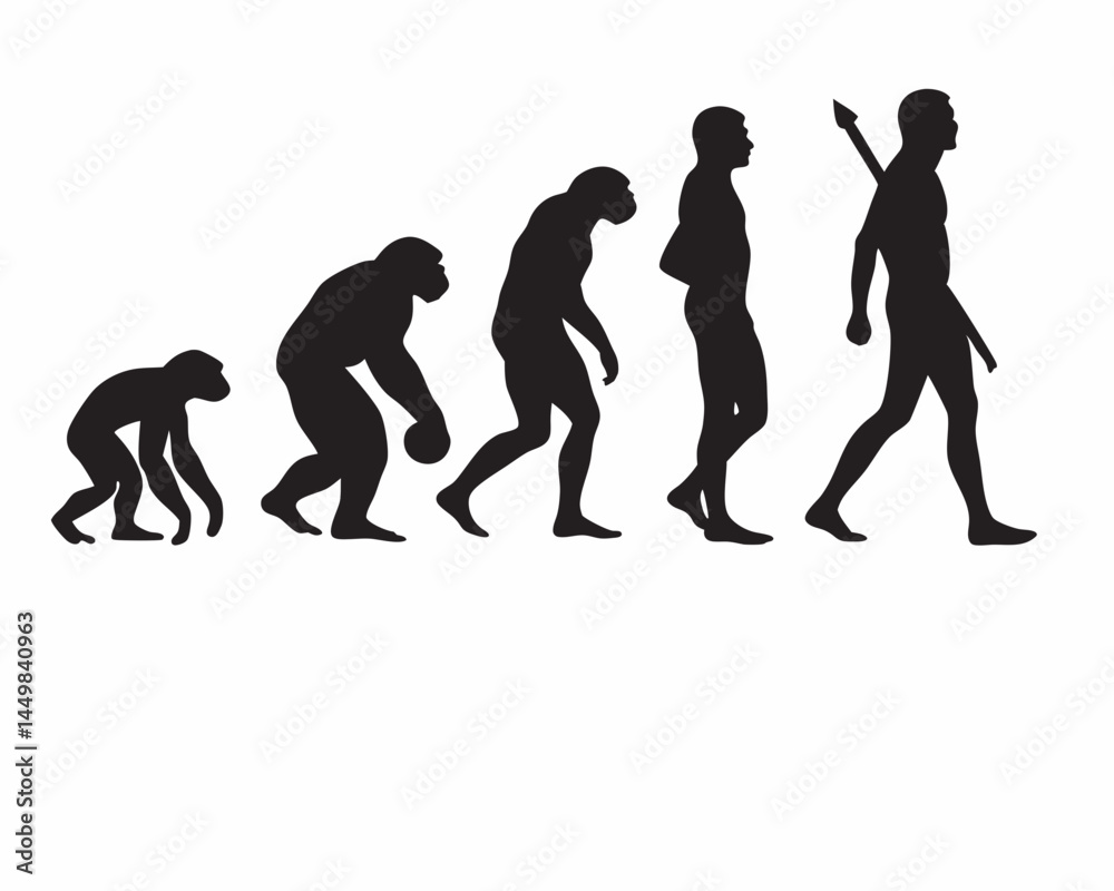 Human Evolution A Journey Through Time Simple black silhouettes depicting primate to human progression against white Human Evolution A Journey Through Time Simple black silhouettes depicting primate to human progression against white