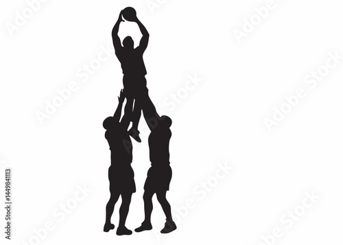 Teamwork in basketball Three players lift a teammate for a powerful dunk shot black silhouettes against a white