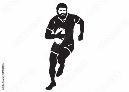 Powerful rugby player running with the ball black and white silhouette graphic dynamic action pose strong athlete