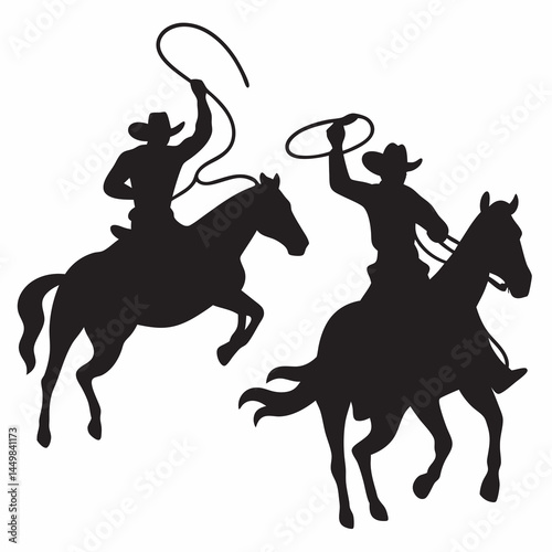 Two cowboys skillfully lassoing on horseback a classic wild west scene in bold black silhouettes against a stark white