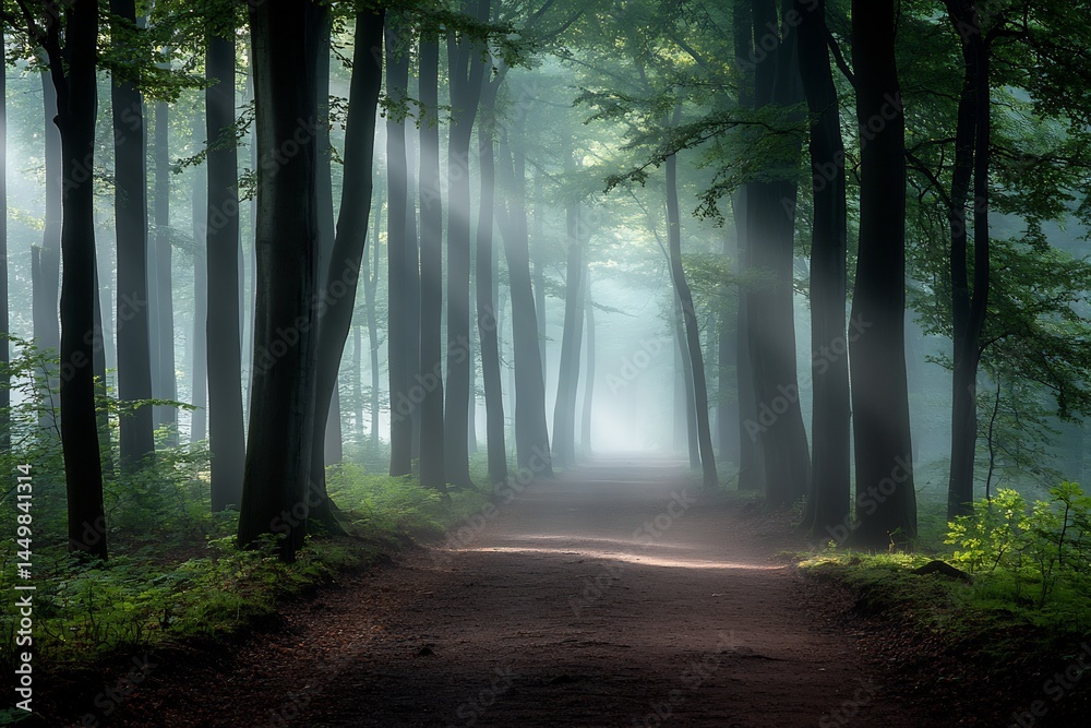 Naklejka premium Foggy woodland path early morning soft light rays piercing trees natural tones balanced composition realistic textures sharp focus in foreground