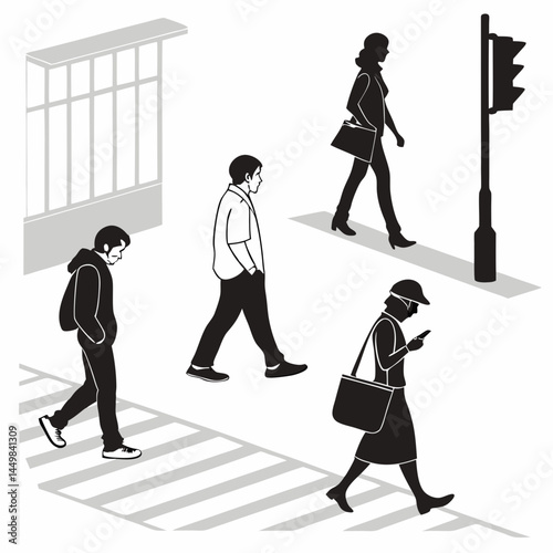 Silhouettes of pedestrians crossing a city street on a pedestrian crossing simple black and white graphic design