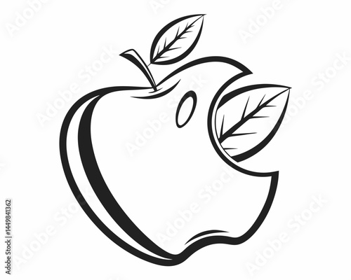 A juicy bitten apple with leaves a simple black and white illustration perfect for healthy eating concepts clean design