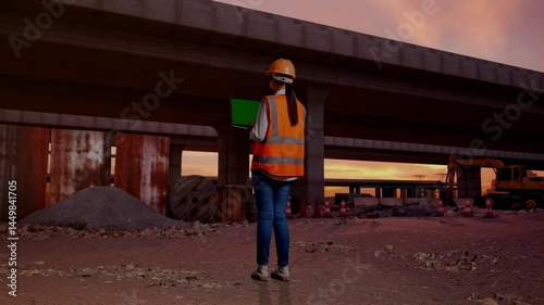 Wallpaper Mural Full Body Back View Of Asian Female Engineer With Safety Helmet Working A Green Screen Laptop At The Site of Highway Construction Torontodigital.ca
