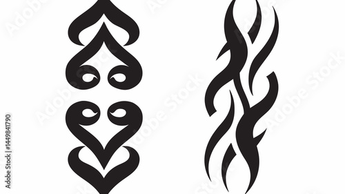 Stylish Tribal Tattoo Designs Two unique black ink patterns perfect for body art inspiration featuring flame and heart