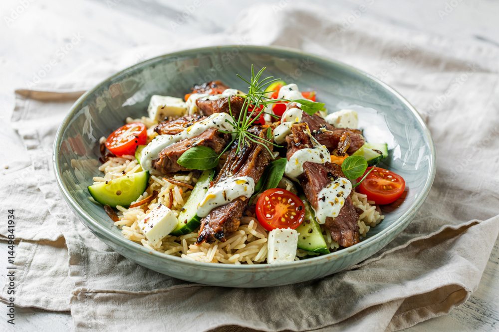 Delicious Grilled Beef Salad with Rice Cucumber Tomatoes and Feta Cheese Delicious Grilled Beef Salad with Rice Cucumber Tomatoes and Feta Cheese