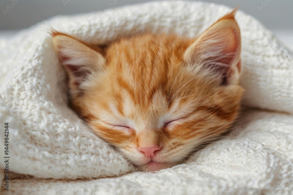 Cute funny ginger kitten sleeps on white blanket on bed Cute funny ginger kitten sleeps on white blanket on bed