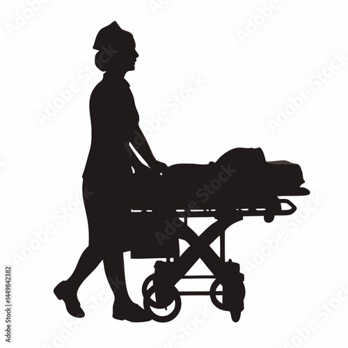 Silhouette of a female nurse pushing medical cart/ patient bed. Concept of healthcare, wellness, hospitalize, doctor
