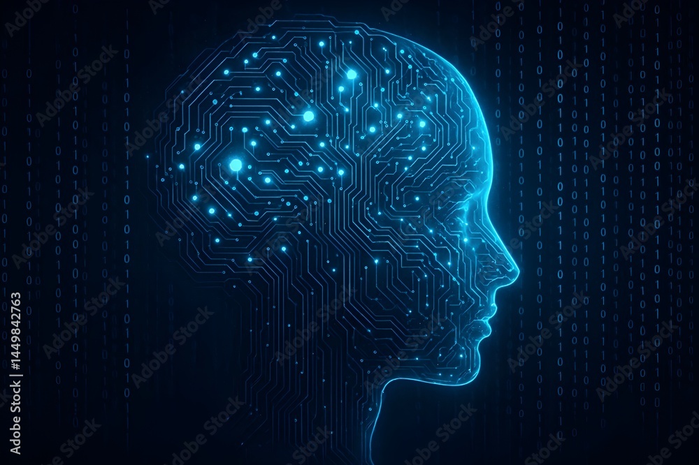 Obraz premium Glowing Digital Brain with Circuit Board and Binary Code – Futuristic AI and Machine Learning Concept