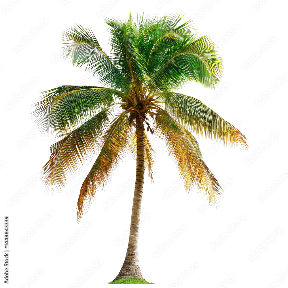 Fototapeta premium Vibrant tropical palm tree, full green fronds and a light brown trunk, in a bold, isolated image