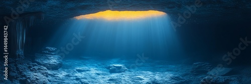 Illuminated underwater cave with light rays penetrating the water from an opening above the surface