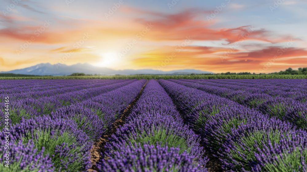 Obraz premium Lavender field at sunset with vibrant colors and mountains in background creates serene and picturesque landscape
