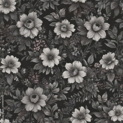 Wallpaper Mural Subtle charcoal floral wallpaper  Delicate botanical blooms and leaves create a seamless pattern , wallpaper, spring Torontodigital.ca