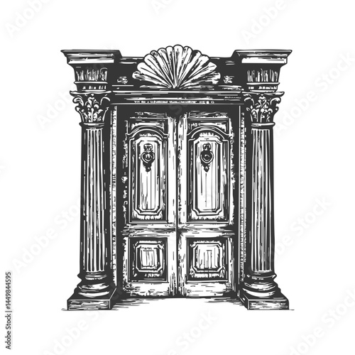 Ornate Classical Doorway With Columns Black And White Silhouette Illustration. Architectural Elegance And Historical Design. Isolated Vector Illustration