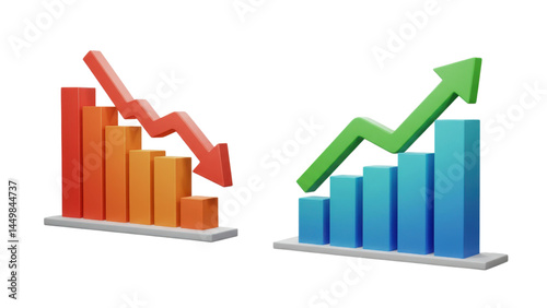 Three-dimensional bar graphs illustrate contrasting trends; one set of bars displays a decline, the other shows an upward increase. transparent png Free Download Three-dimensional bar graphs illustrate contrasting trends; one set of bars displays a decline, the other shows an upward increase. transparent png - GFXLoad