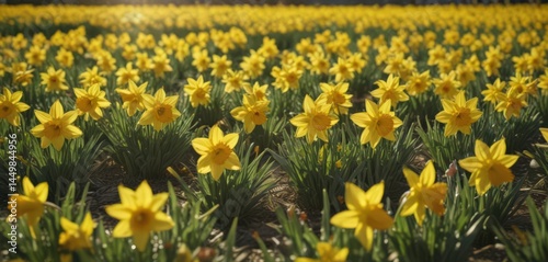Sunlit field of vibrant yellow daffodils, petals glistening ,  yellow,  cheerful,  floral