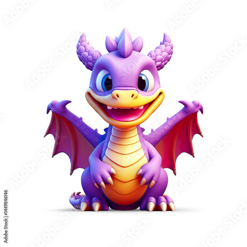 3D Cute Cartoon Baby Dragon with Orange Scales on a Transparent Background