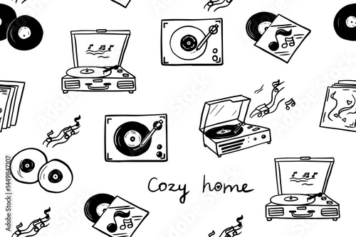 Cute seamless pattern of vinyl records and record player. Cozy home, music, notes. Vector illustration for design, greeting card, interior design. Hand drawn. Isolated on white