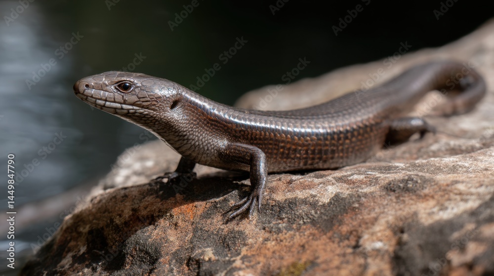 Sharp-Eyed Skink Basking on Sun-Drenched Rock near Water Sharp-Eyed Skink Basking on Sun-Drenched Rock near Water