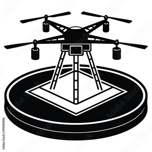 Drone Vector Silhouette illustration Silhouette of drone on helipad platform