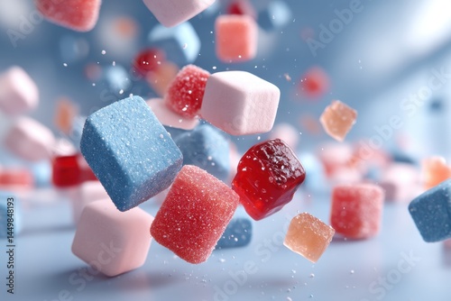 Colorful assortment of candy and marshmallows in motion, a delightful array of sugary treats falling against a soft blue background, creating a playful and tempting scene.
