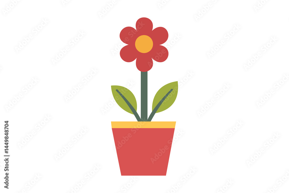 Cartoon red potted flower with six petals stands against a white background Cartoon red potted flower with six petals stands against a white background