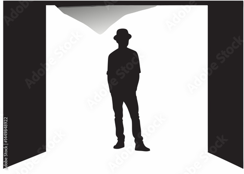 Mysterious man in hat silhouette standing doorway stark black silhouette against white background simple design minimal