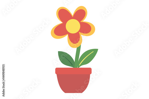 A charming flower with red petals and a yellow center sits in a pot