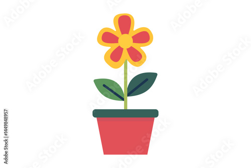 Colorful flower with red petals and yellow center grows in a red pot