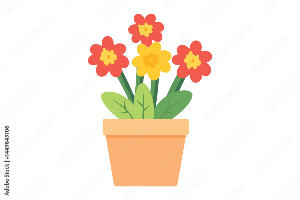 Orange flowerpot features yellow and orange blossoms with green leaves against transparent backdrop Orange flowerpot features yellow and orange blossoms with green leaves against transparent backdrop