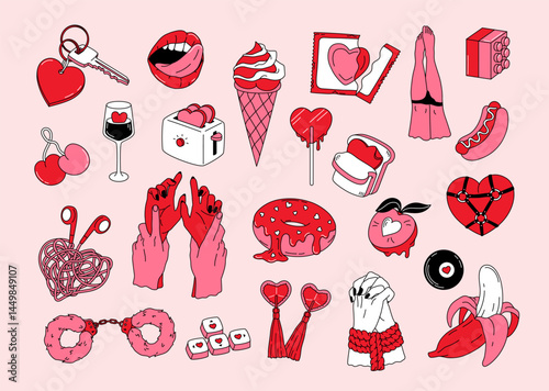 Vintage set stickers of Valentine's Day and Love. Minimal design concept of romantic elements and symbols. Doodle pack for daily planner, scrapbooking, print. Hand drawn retro vector illustration