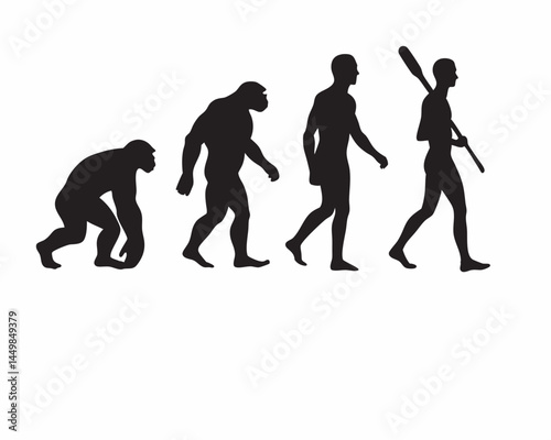 Human Evolution Timeline From Primate to Modern Man depicted in simple black silhouettes against a white background